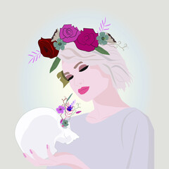 vector illustration portrait of blonde girl with flowers and skull