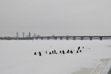 ice fishing in kiev river 