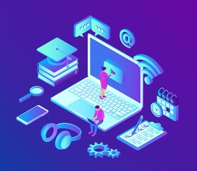E-learning. Innovative online education and distance learning concept. Webinar, seminar, conference, teaching, online training courses. Skill development. 3D isometric vector with icons and characters