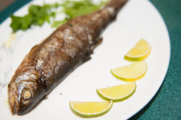 Fried river trout fish on white  plate with lemon and herb