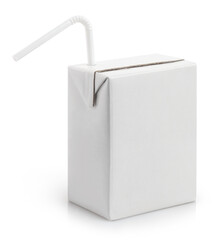 Blank carton juice pack with plastic tube,  isolated on white background