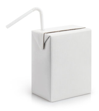 Blank Carton Juice Pack With Plastic Tube,  Isolated On White Background