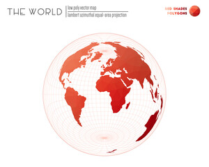 Abstract world map. Lambert azimuthal equal-area projection of the world. Red Shades colored polygons. Contemporary vector illustration.