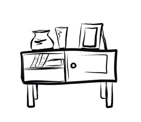 Chest of drawers. Curbstone. Shelf. A little table.Vector picture drawn by hand from a set about home life and comfort. There are many household items and furniture. Doodle style. Isolated drawings.