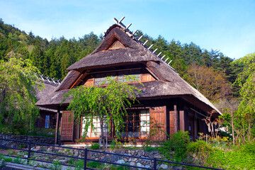 Fototapeta na wymiar Traditional buildings in the samurai village of Saiko Iyashi no Sato Nemba in Japan.