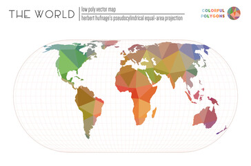 Triangular mesh of the world. Herbert Hufnage's pseudocylindrical equal-area projection of the world. Colorful colored polygons. Amazing vector illustration.