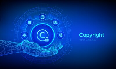 Copyright icon in robotic hand. Patents and intellectual property protection law and rights. Protect business ideas and headhunter concepts. Vector illustration.