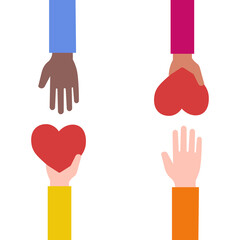Hand gives heart icon in flat style. Priceless gift symbol. Stop racism. Black lives matter. Vector illustration.