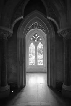 Amazing palace interior with a window to the garden in background. Monserrate Palace in Sintra, Portugal	
