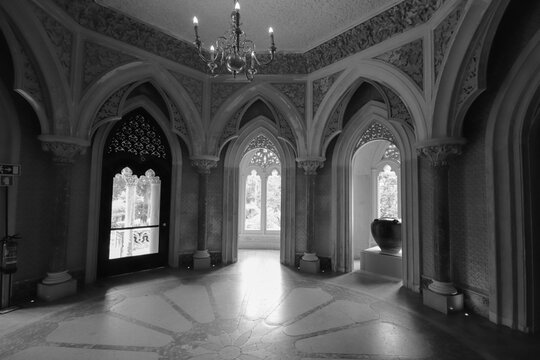 Amazing palace interior with a window to the garden in background. Monserrate Palace in Sintra, Portugal	