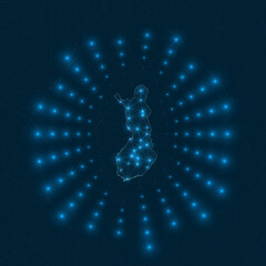 Finland digital map. Glowing rays radiating from the country. Network connections and telecommunication design. Vector illustration.