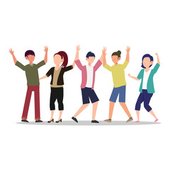 Cartoon character illustration of celebration pose and gesture. Happy group of young people are dancing together. Flat design isolated on white.