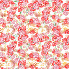 Boho seamless pattern with peony, poppy, dried palm leaves, tropical floral elements on white background .
 Stock illustration. Hand painted in watercolor.