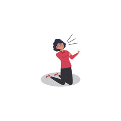 Cartoon character illustration of celebration pose and gesture. Happy young woman raising hand in yes gesture. Flat design isolated on white.