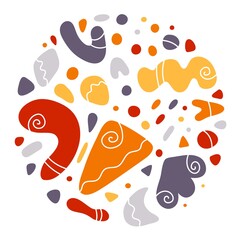 Abstract figures, drawings a set of stock vector illustrations. Circles, ovals, curved shapes, triangles with thin white wavy, spiral lines. Abstract, drawn figures isolated on a white background