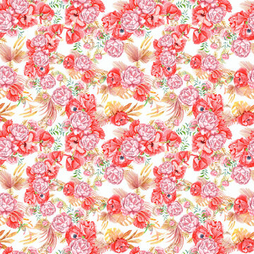 Boho seamless pattern with peony, poppy, dried palm leaves, tropical floral elements on white background .
 Stock illustration. Hand painted in watercolor.
