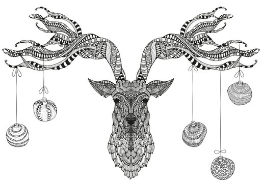 Deer head and christmas balls. Zentangle patterns. Hand-drawn, doodle, vector design elements. Black and white. For coloring book.