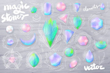 Set of semiprecious magic stones for rituals. Multi-colored gems of various shapes, round, polygonal, oval, star, crescent, triangle. Magic crystals pendulums. Vector wood background texture.