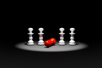 Red chess pawn defeat by white pawns. Business concept. Chess game over. 3d Rendered.