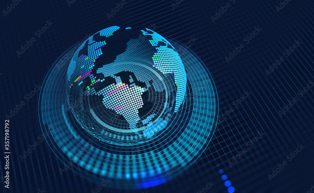 Aufkleber Global wireless network. Blockchain technology in digital future. Peering database. 3D illustration of a hologram of globe on a grid