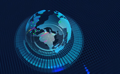 Global wireless network. Blockchain technology in digital future. Peering database. 3D illustration of a hologram of globe on a grid