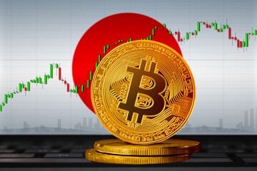 Bitcoin Japan; bitcoin (BTC) coin on the background of the flag of Japan
