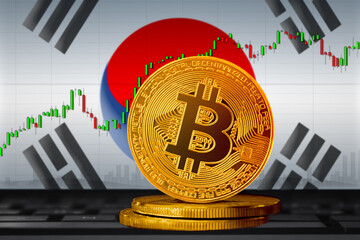 Bitcoin Korea; bitcoin (BTC) coin on the background of the flag of South Korea