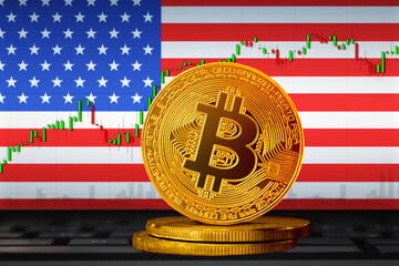 Bitcoin USA; bitcoin (BTC) coin on the background of the flag of United States of America