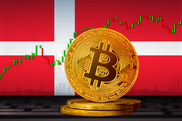 Bitcoin Denmark; bitcoin (BTC) coin on the background of the flag of Denmark