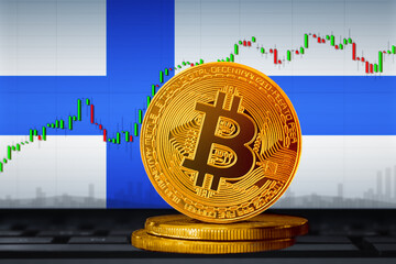 Bitcoin Finland; bitcoin (BTC) coin on the background of the flag of Finland