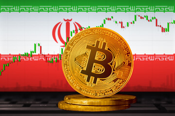 Bitcoin Iran; bitcoin (BTC) coin on the background of the flag of Iran