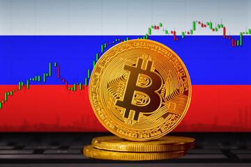 Bitcoin Russia; bitcoin (BTC) coin on the background of the flag of Russia