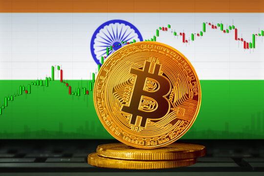 Bitcoin India; bitcoin (BTC) coin on the background of the flag of India