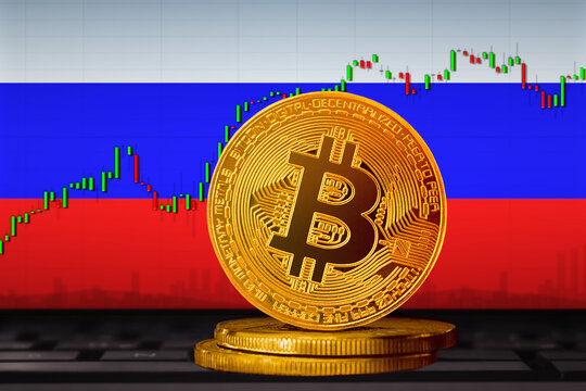 Bitcoin Russia; bitcoin (BTC) coin on the background of the flag of Russia