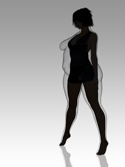 Conceptual fat overweight obese female vs slim fit healthy body after weight loss or diet with muscles thin young woman on gray. A fitness, nutrition or fatness obesity, health shape 3D illustration