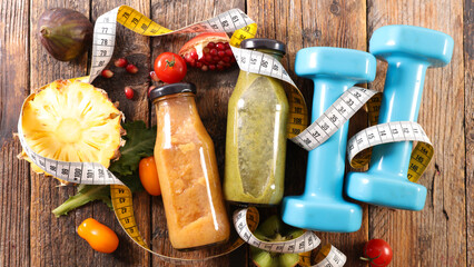 collection of fresh fruit juice in bottle and dumbbell