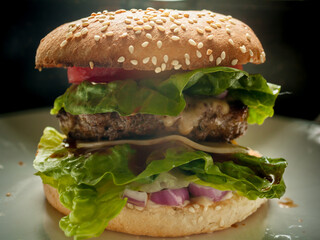 big fresh and tasty burger on dark background