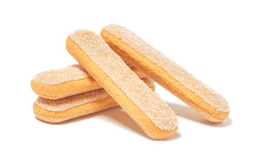 Italian desserts and sponge cookies, lady fingers or savoiardi biscuit, isolated on white background