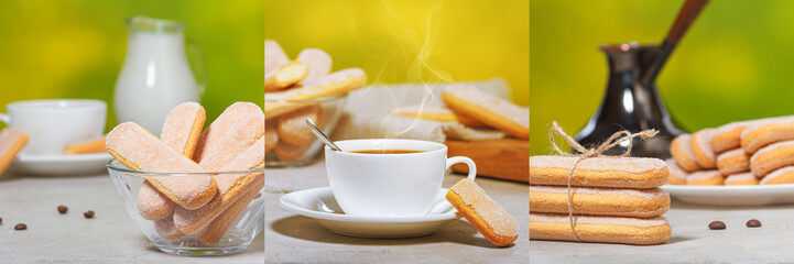 Set of images italian savoiardi biscuits or ladyfingers cookies on a plate and in a stack, tied with a rope