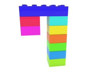 Number 7 from toy bricks of different colors on a white background