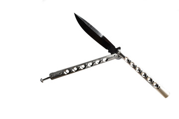Balisong or butterfly folding knife on white background.