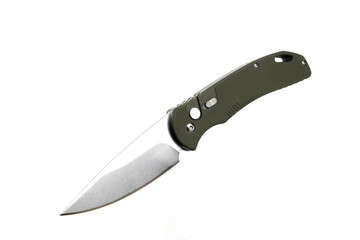 Modern folding knife with spring control on white background.