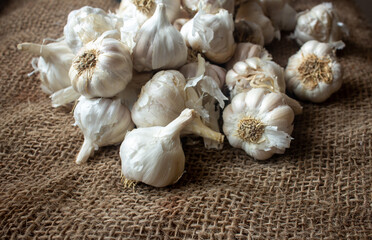 View of whole garlic bulbs. Garlic helps build immunity against cold and flu.