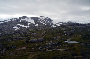 Views from the train window. Mountain tundra of Central Norway. Railway travel in Norway.The Bergen - Oslo train.