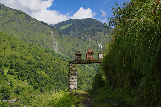 Gate at the start of the Annapurna circuit. Unofficial beginning of the trek. Eastern beginning of the trail, close to Besisahar and Syange, Nepal.