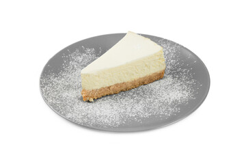 
Creamy cheesecake on a gray plate and white background