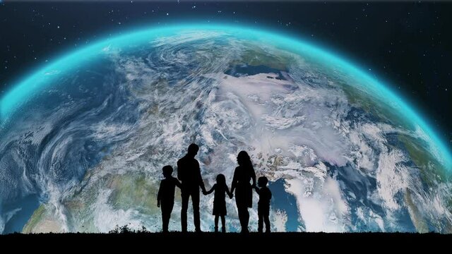 A Silhouette of a Family Standing on the Edge and Watching an Spinning Earth During Traveling by Solar System. Earth Rising Over the Horizon on Sky Up.Flying Into the Infinite Universe. A Star Is Born