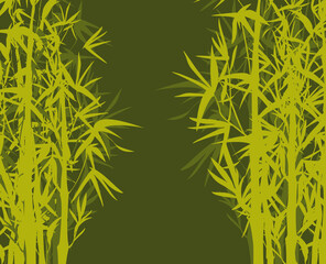 Vector isolated ink bamboo with leaves and branches on a green background. Illustration in Chinese and Japanese style, traditional graphics