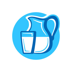 Milk Icon - jug and glass silhouette in blue circle - dairy pruducts emblem - isolated vector logo