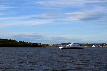 Oslofjord. View of the North Sea from Ferry from Horten to Moss connects Ostfold and Vestfold in Norway. Ferry crossing Oslofjord